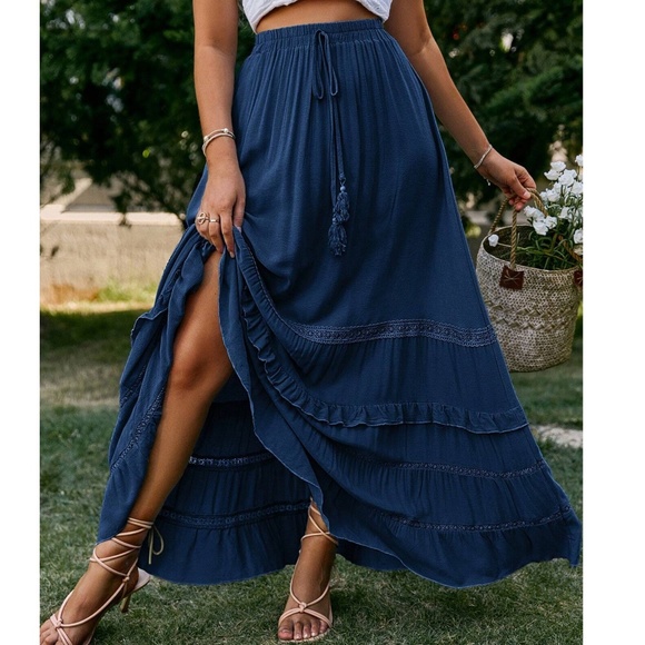 Boho Ruffle Hem Tassel Stretchy Waist Maxi Skirt - Picture 3 of 6